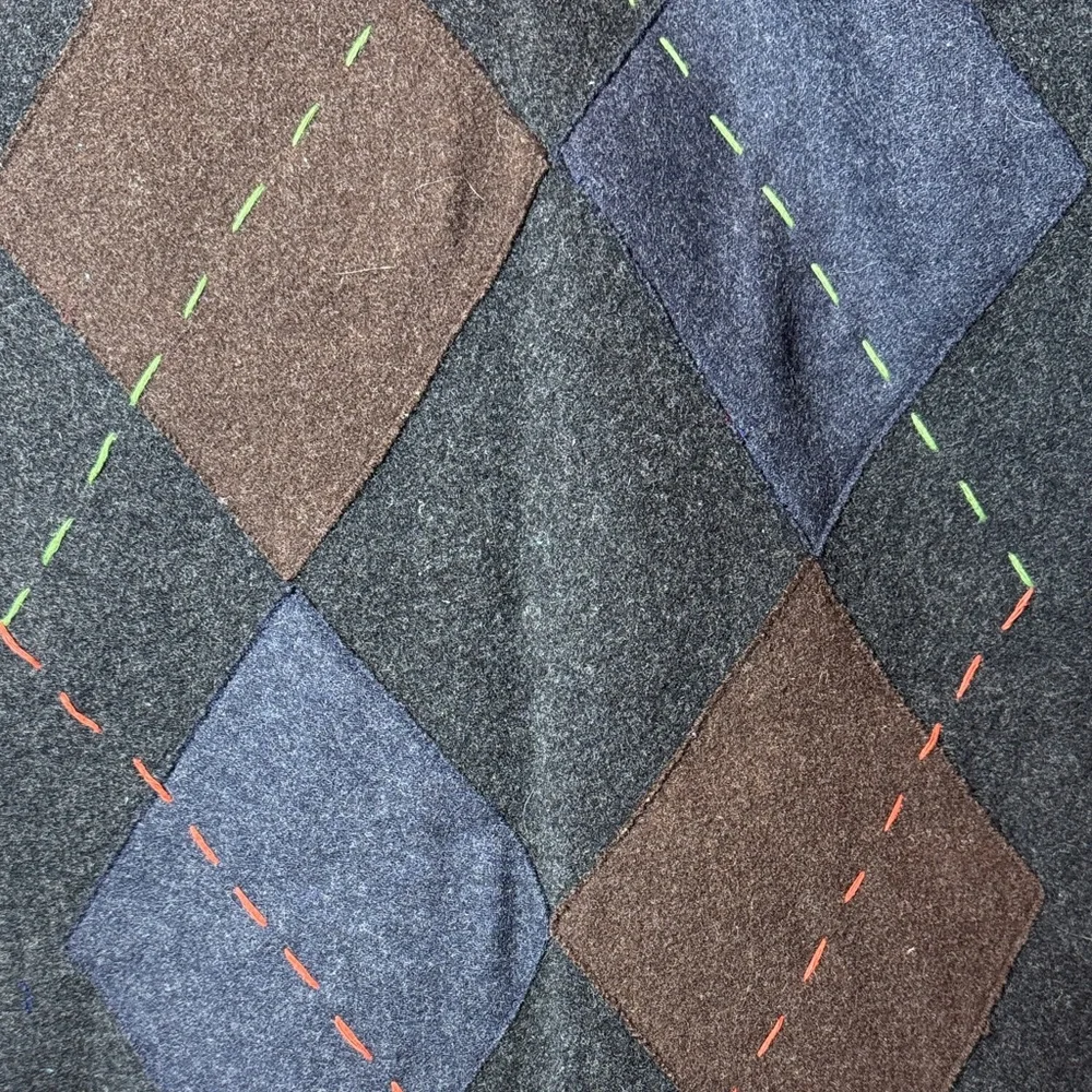 GAP Charcoal Wool Blend Scarf W/Blue & Brown Patches & Decorative Stitching
